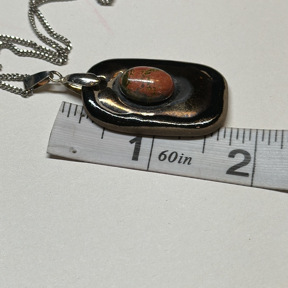 XVintage Calderon ceramic enamel and stone cabochon necklace on sterling chain - Picture 8 of 10